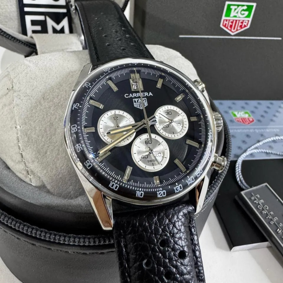 TH Carrera Chronograph – Black/Silver – Leather Strap