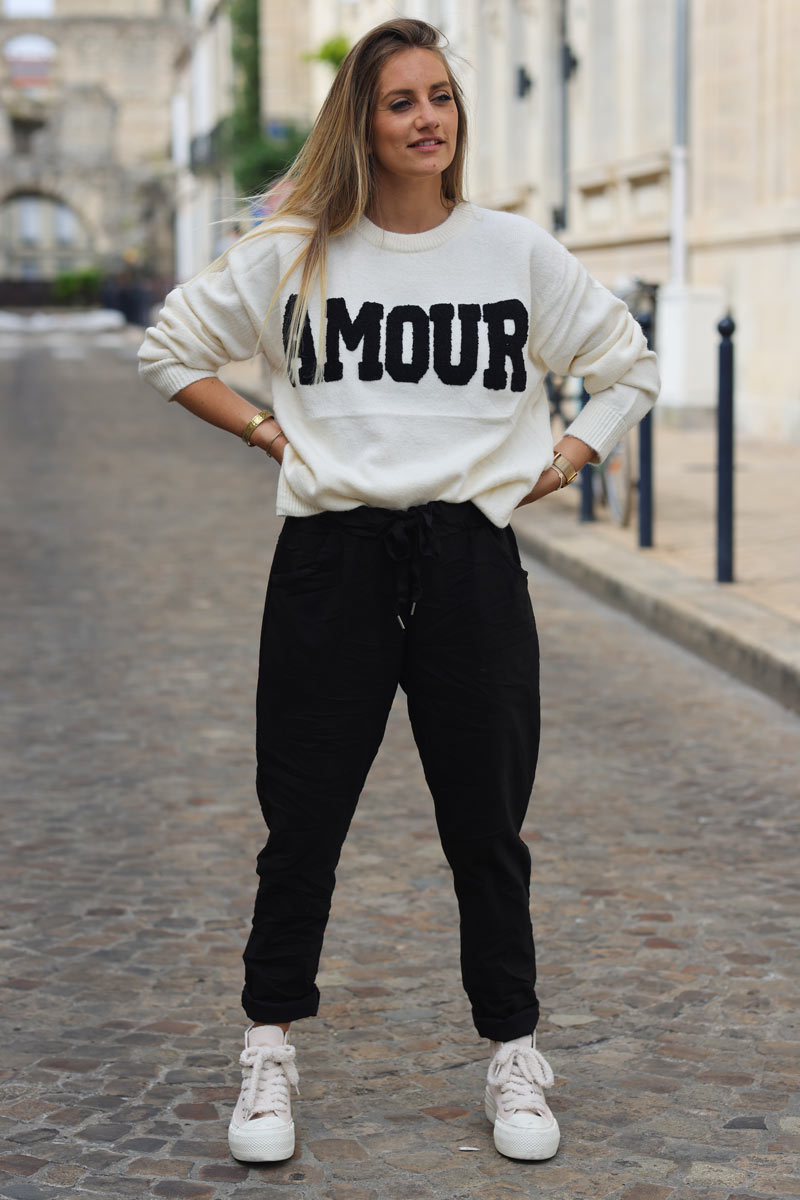 Pantalon confort noir en toile stretch étoile brillante paillettes