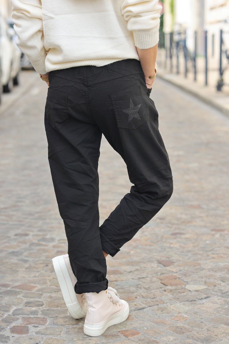 Pantalon confort noir en toile stretch étoile brillante paillettes