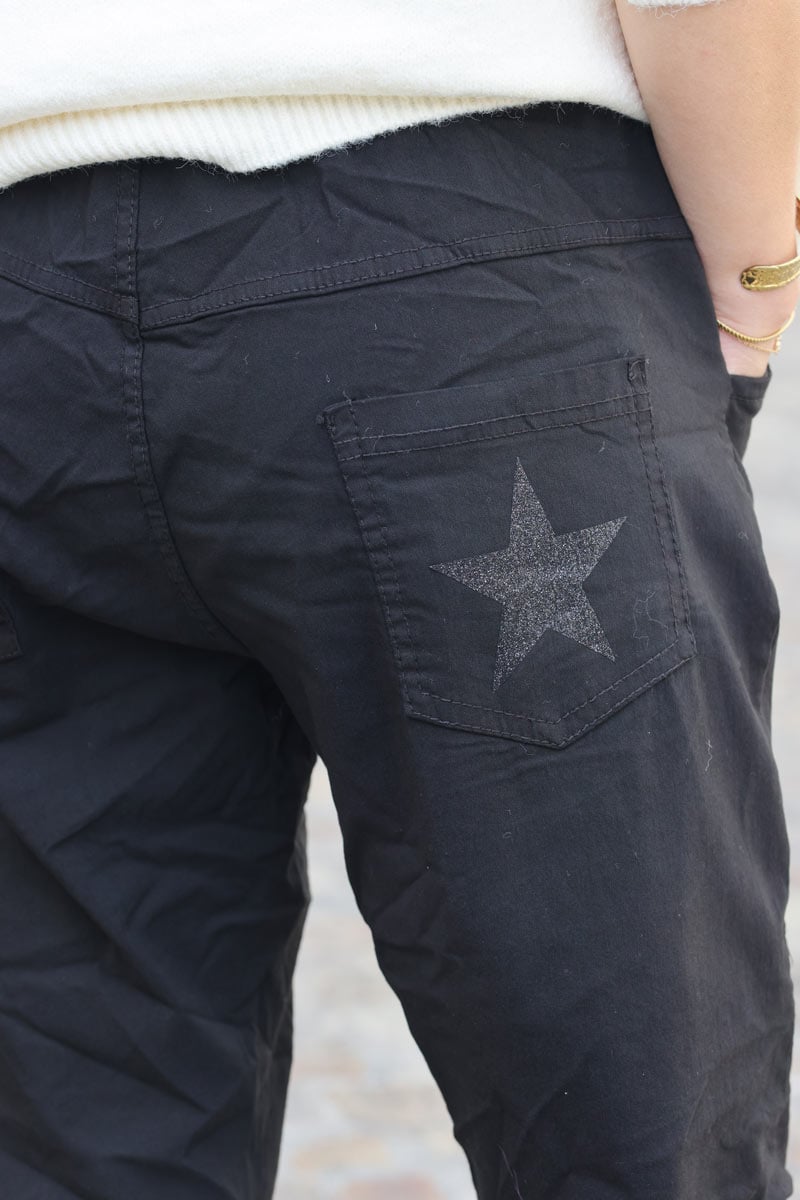 Pantalon confort noir en toile stretch étoile brillante paillettes