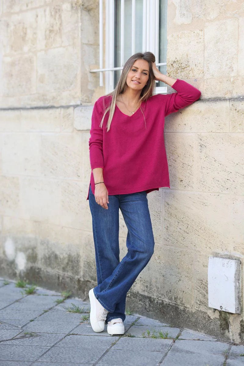 Pull tout doux basique fuchsia col v