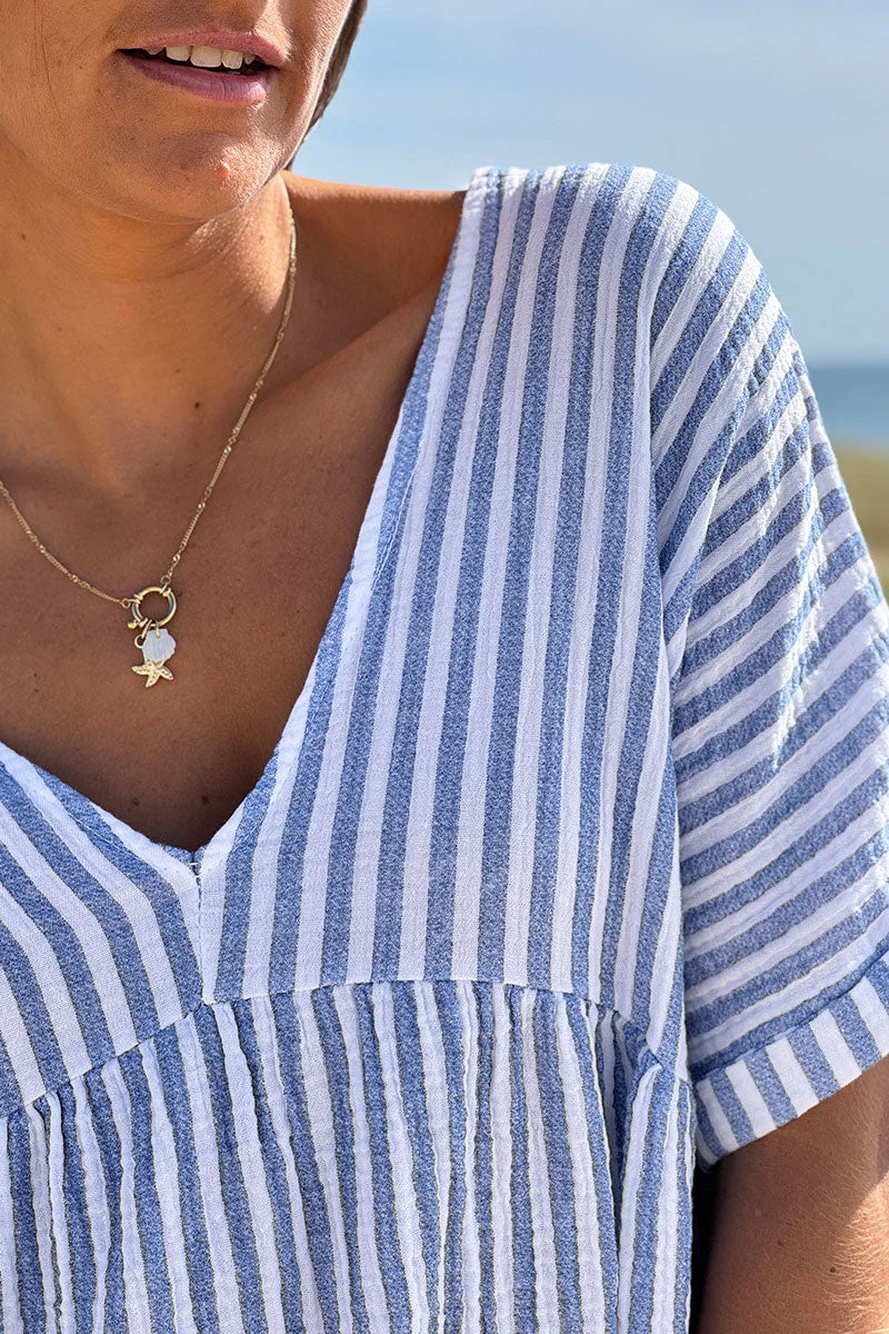 Robe blanche en gaze de coton rayures bleues manches looses
