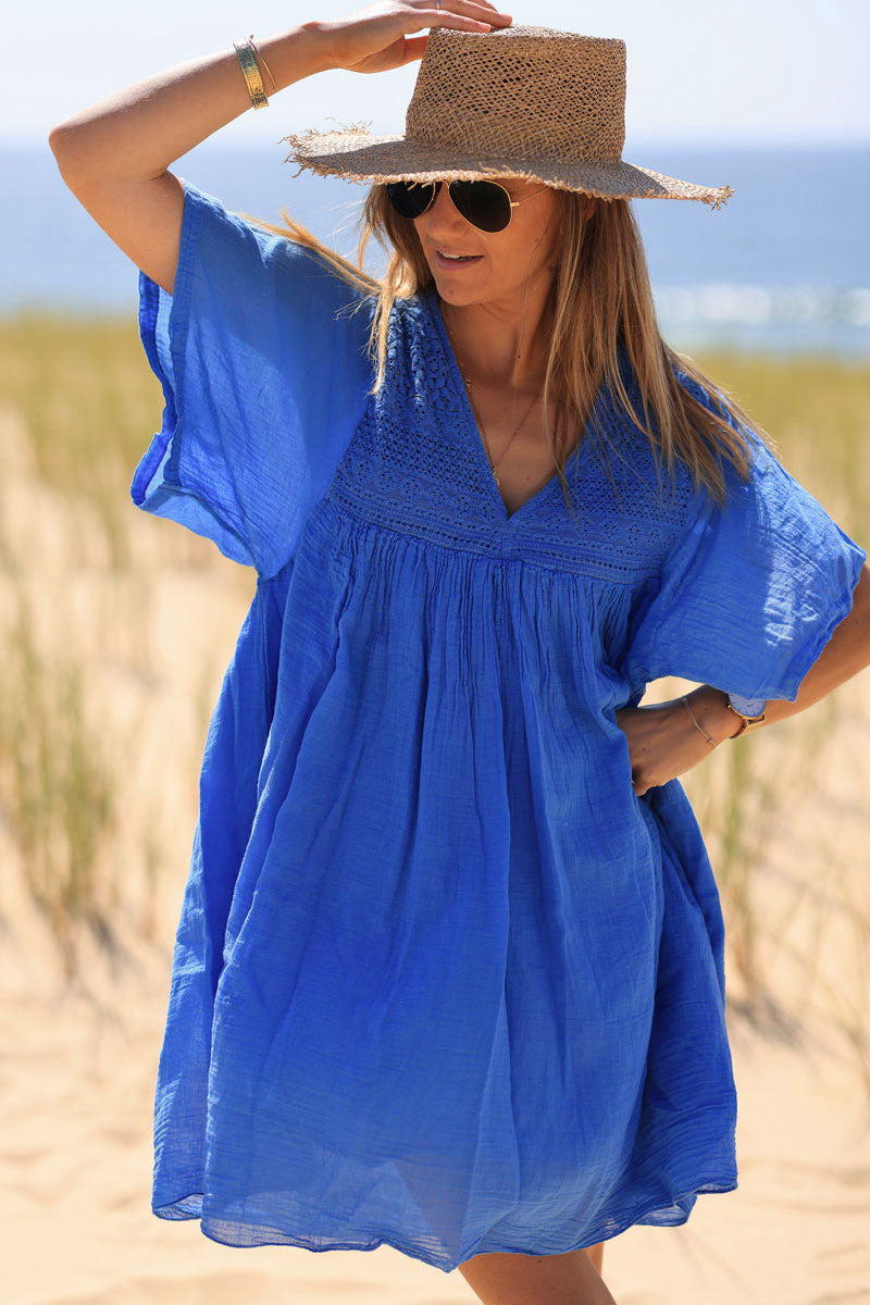 Robe bleu roi légère voile de coton haut dentelle