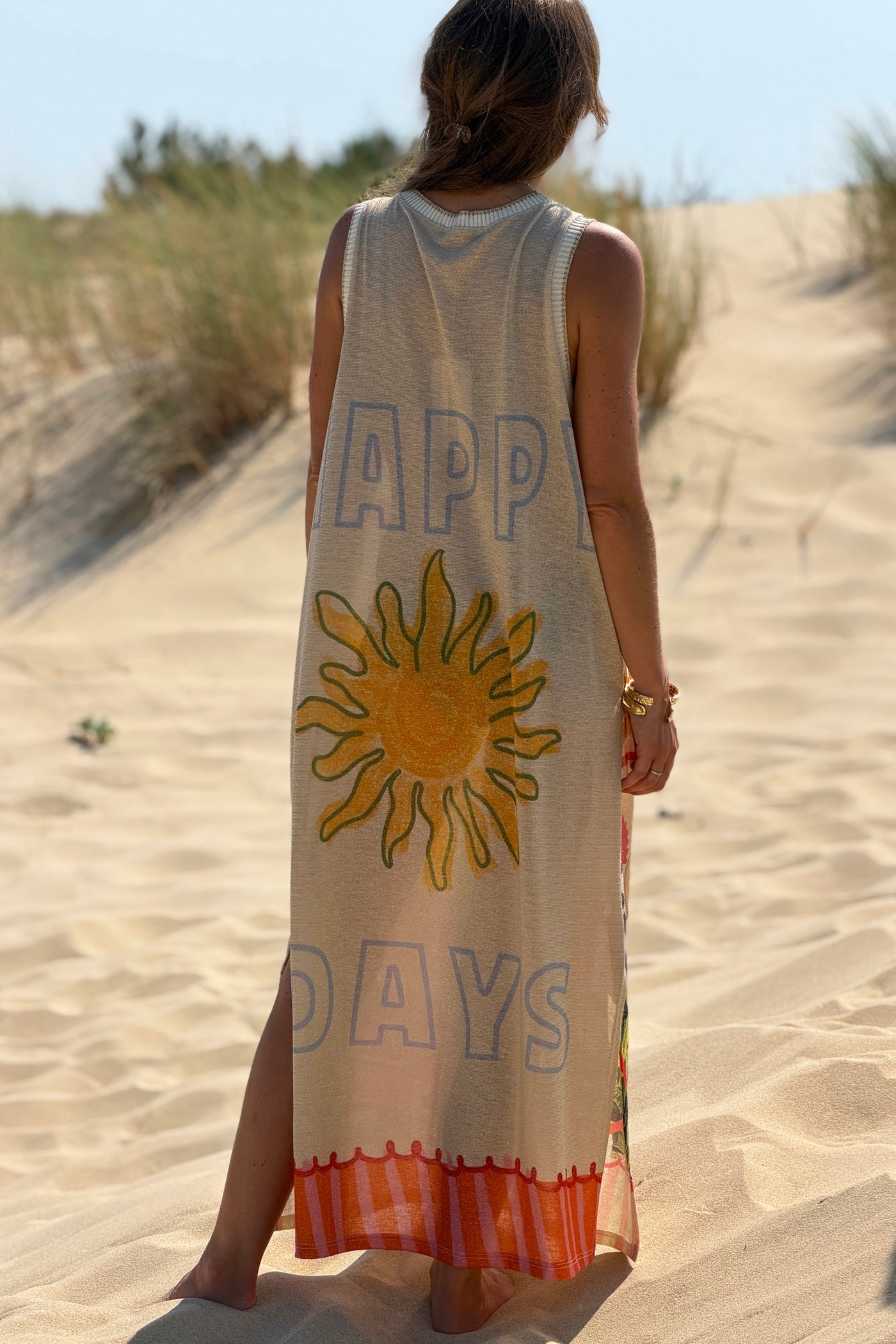 Robe débardeur brillante lurex beige imprimé Brazil bon dia perroquet girl you can