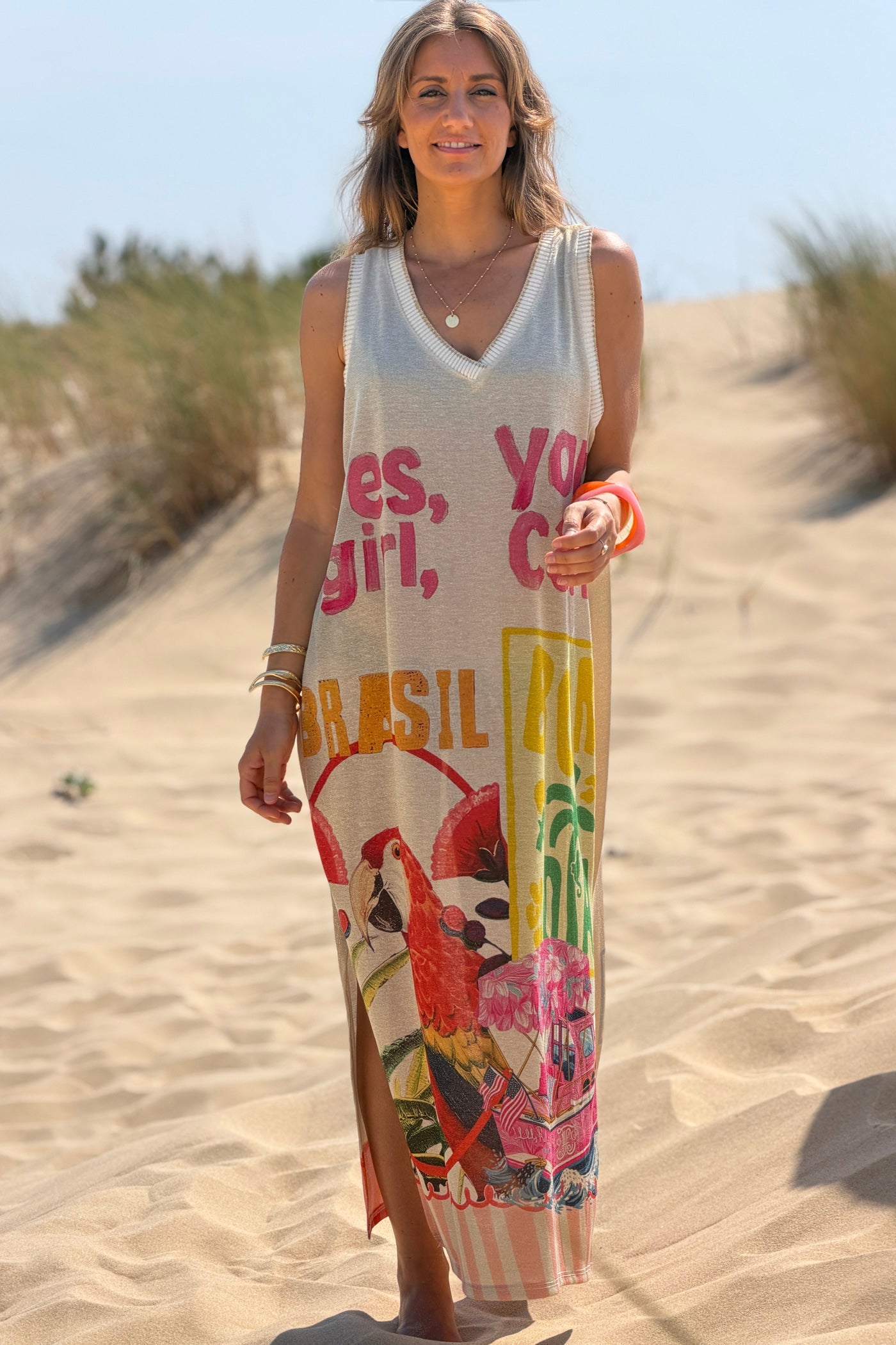 Robe débardeur brillante lurex beige imprimé Brazil bon dia perroquet girl you can