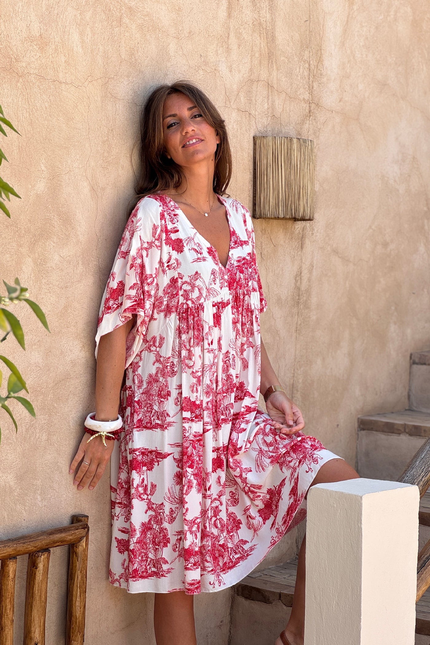 Robe fluide imprimé toile de jouy rouge