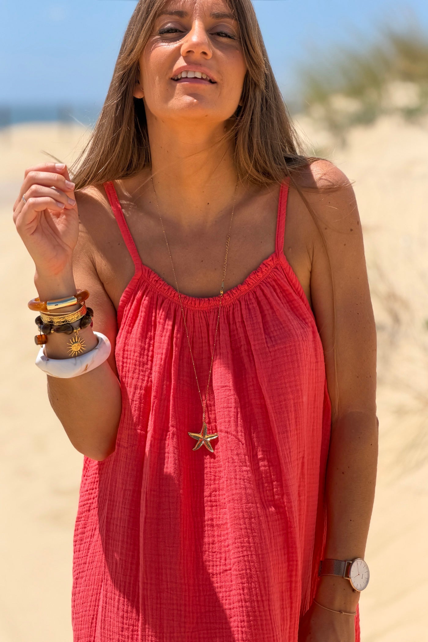 Robe longue corail en gaze de coton à bretelles col élastique