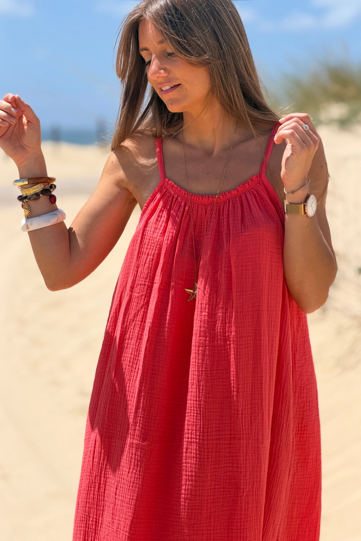 Robe longue corail en gaze de coton à bretelles col élastique