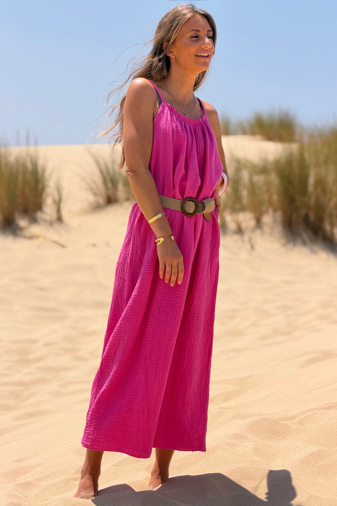 Robe longue fuchsia en gaze de coton à bretelles col élastique
