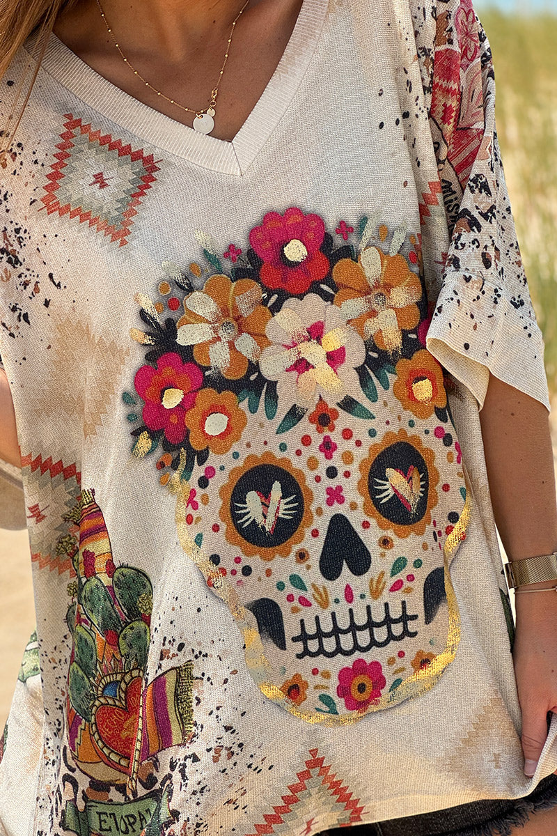 Top large beige brillant imprimé Tête Mexicaine cactus et léopard
