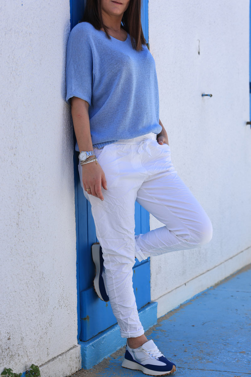 Pantalon confort blanc en toile stretch étoile brillante paillettes