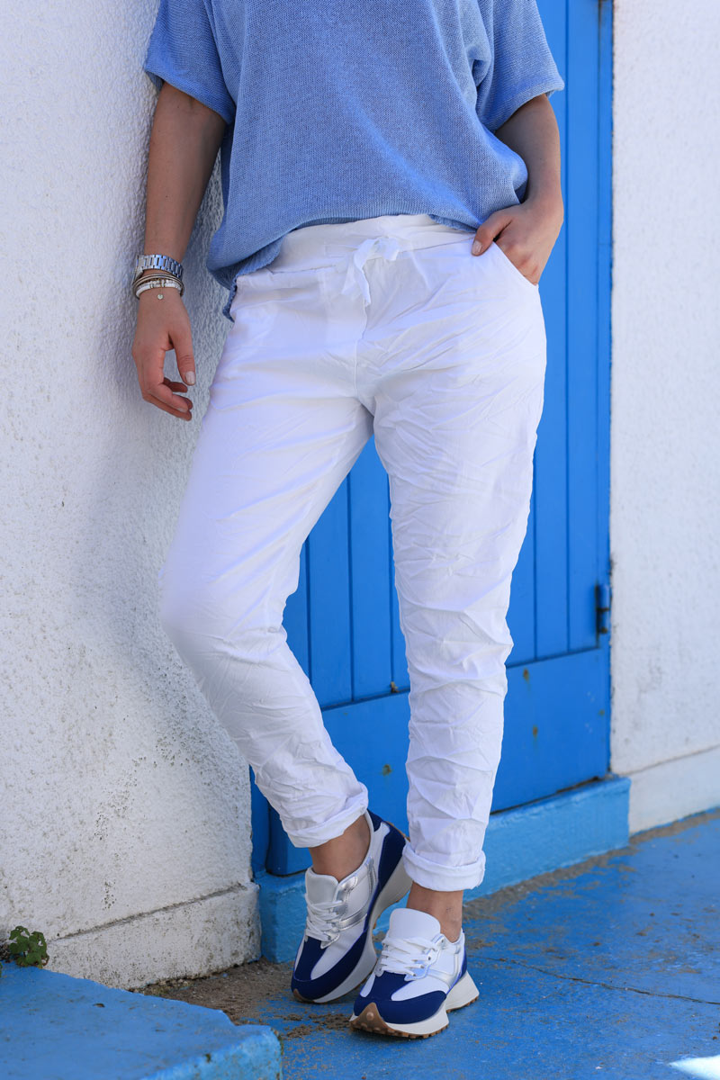 Pantalon confort blanc en toile stretch étoile brillante paillettes