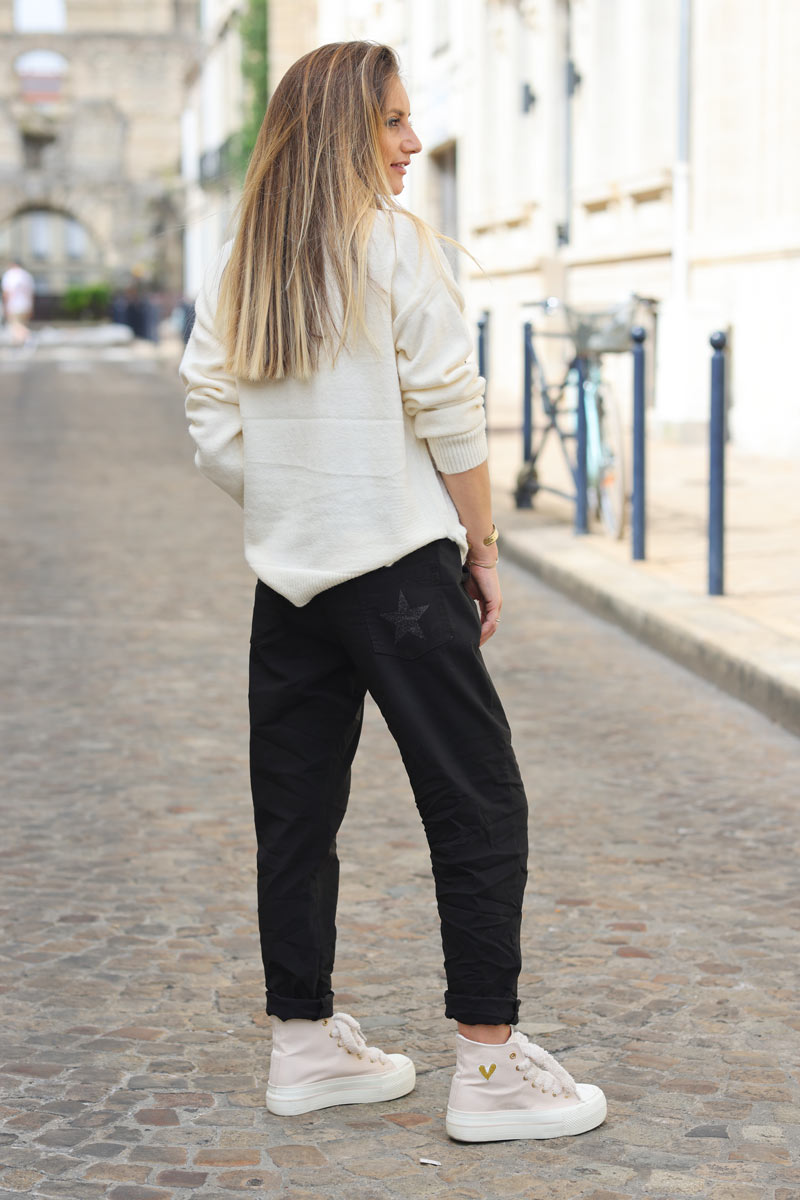 Pantalon confort noir en toile stretch étoile brillante paillettes