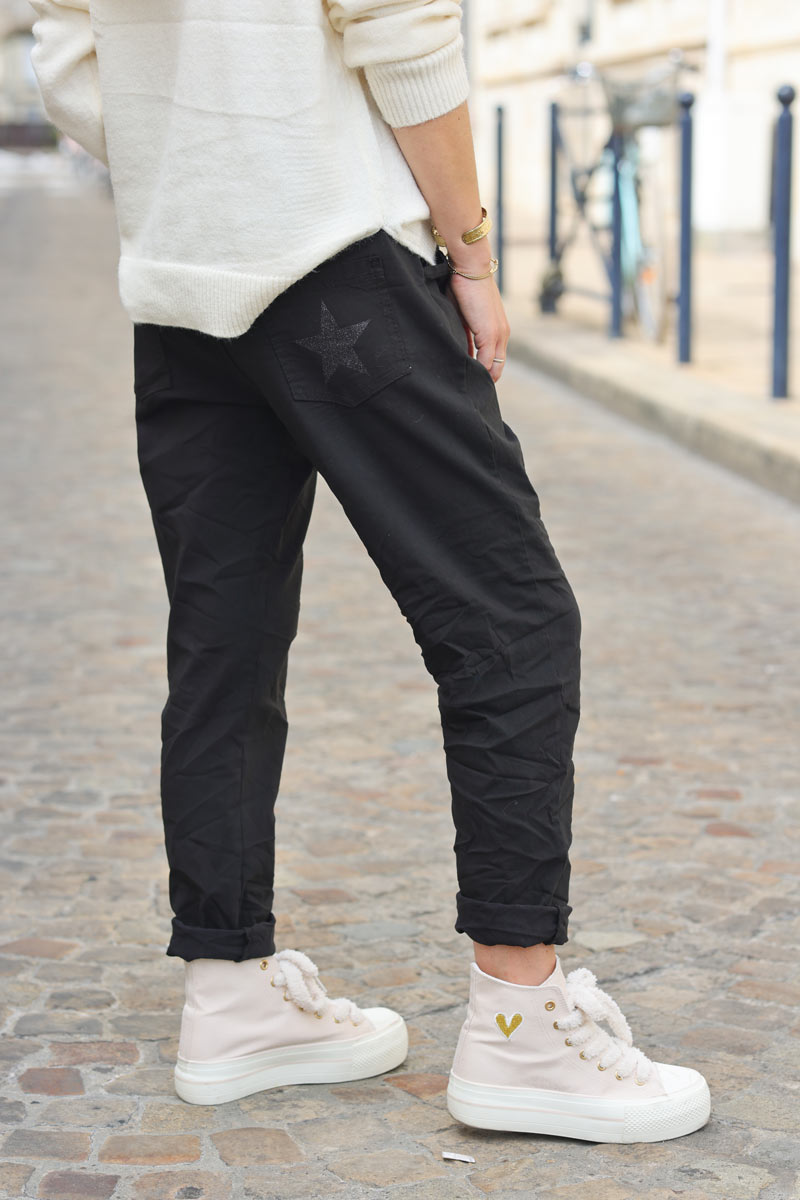 Pantalon confort noir en toile stretch étoile brillante paillettes