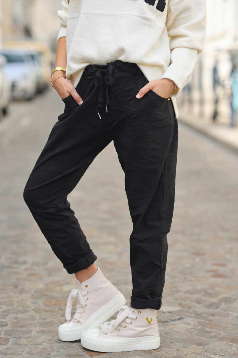 Pantalon confort noir en toile stretch étoile brillante paillettes