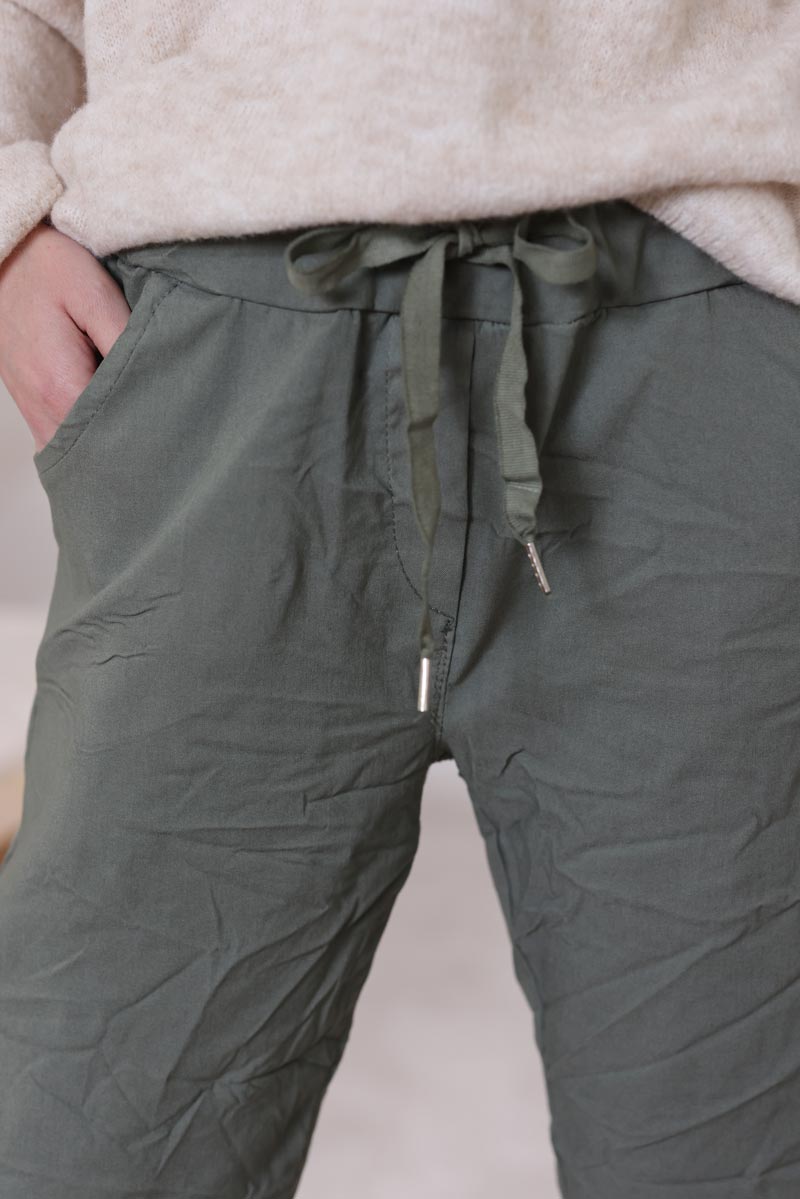 Pantalon confort kaki en toile stretch étoile brillante paillettes