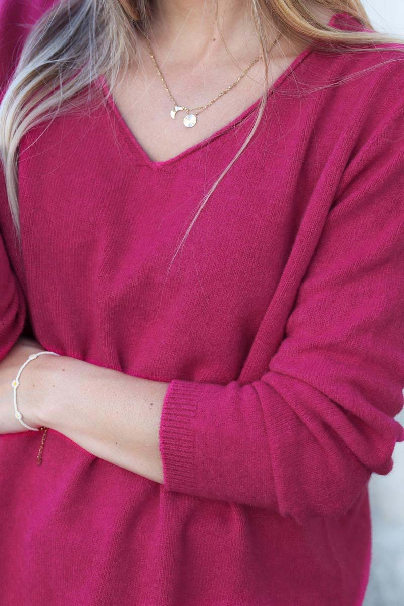 Pull tout doux basique fuchsia col v