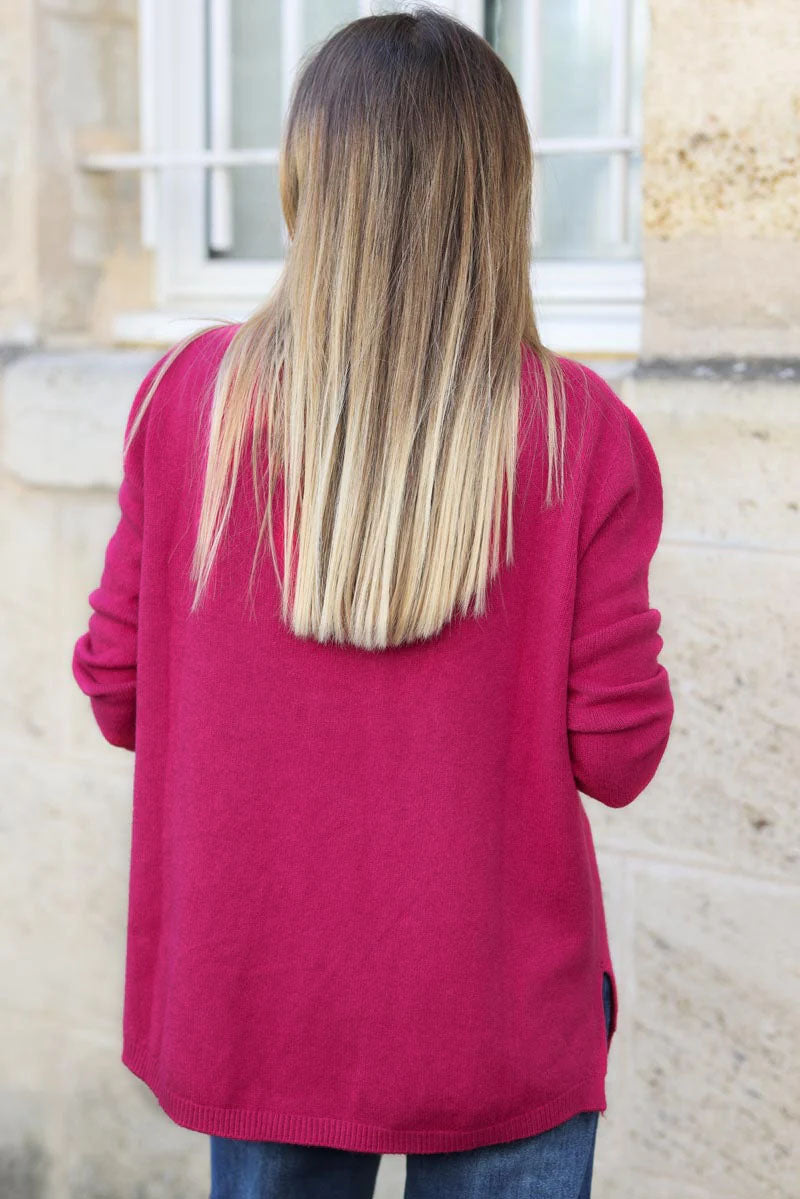 Pull tout doux basique fuchsia col v