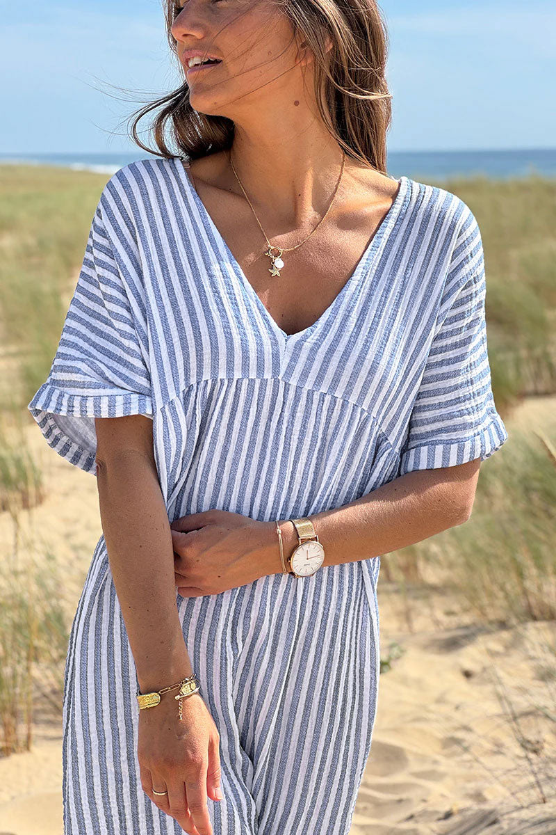 Robe blanche en gaze de coton rayures bleues manches looses