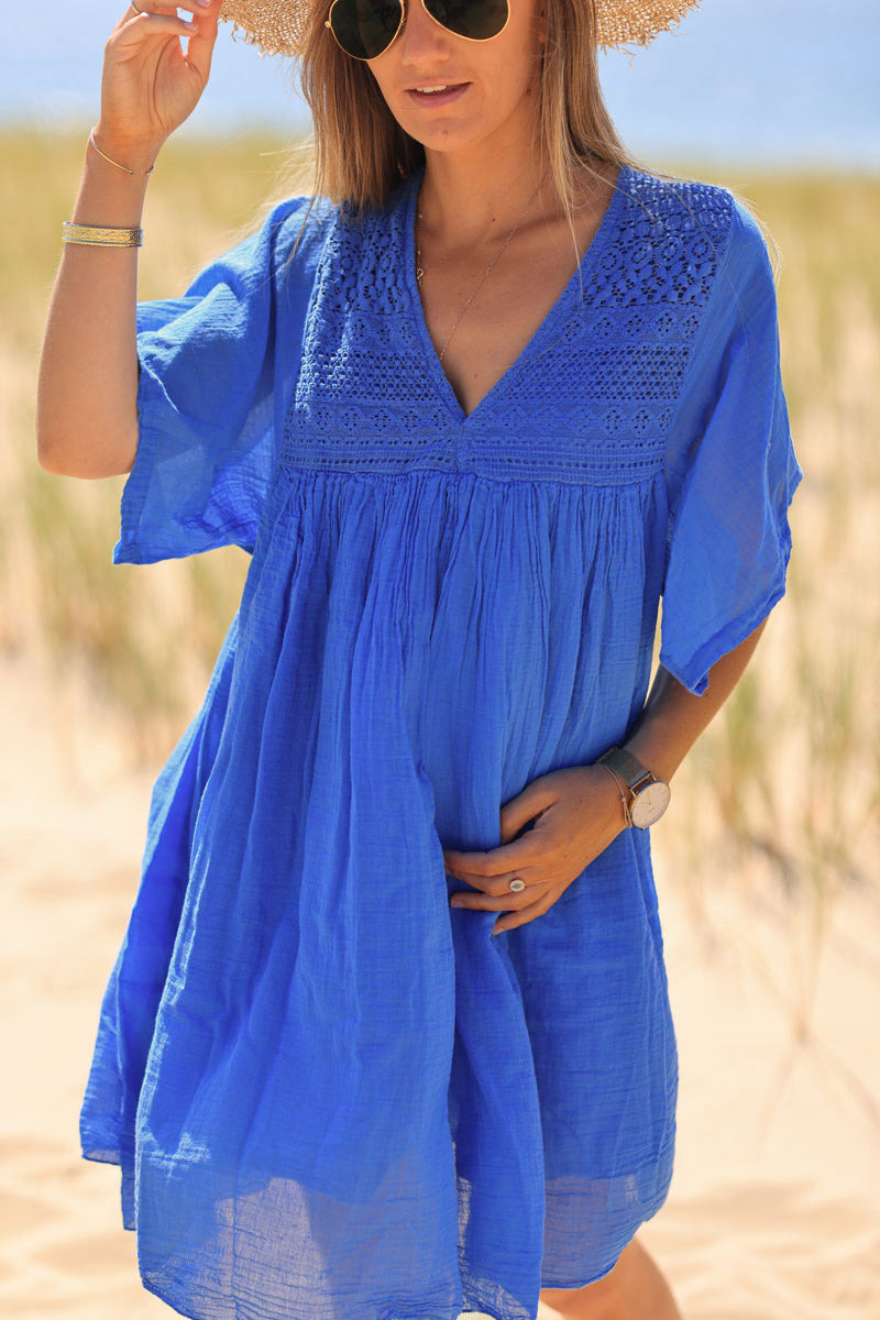 Robe bleu roi légère voile de coton haut dentelle