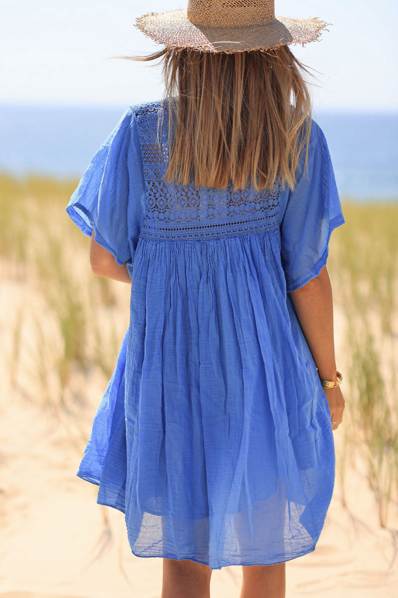 Robe bleu roi légère voile de coton haut dentelle