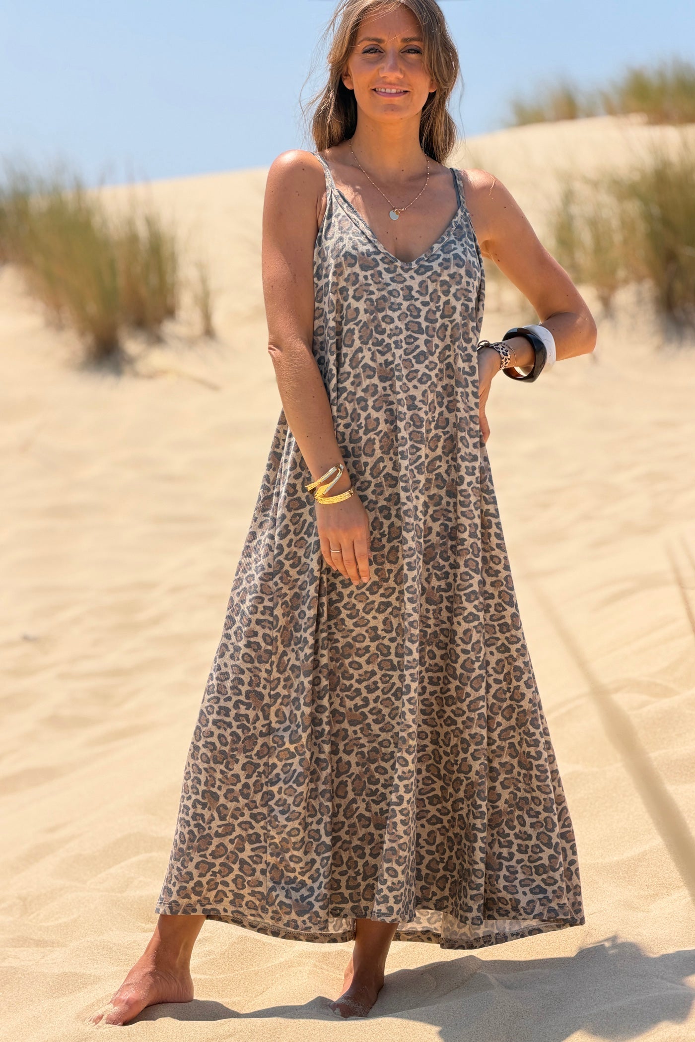 Robe confort à bretelles imprimé léopard détail lurex brillant