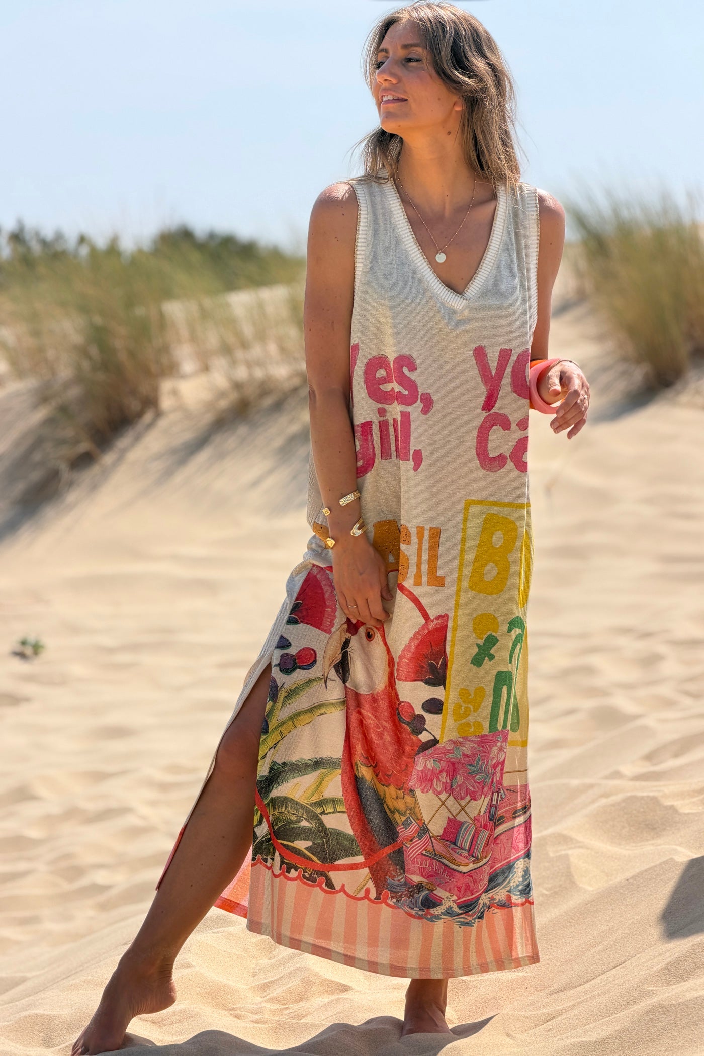 Robe débardeur brillante lurex beige imprimé Brazil bon dia perroquet girl you can