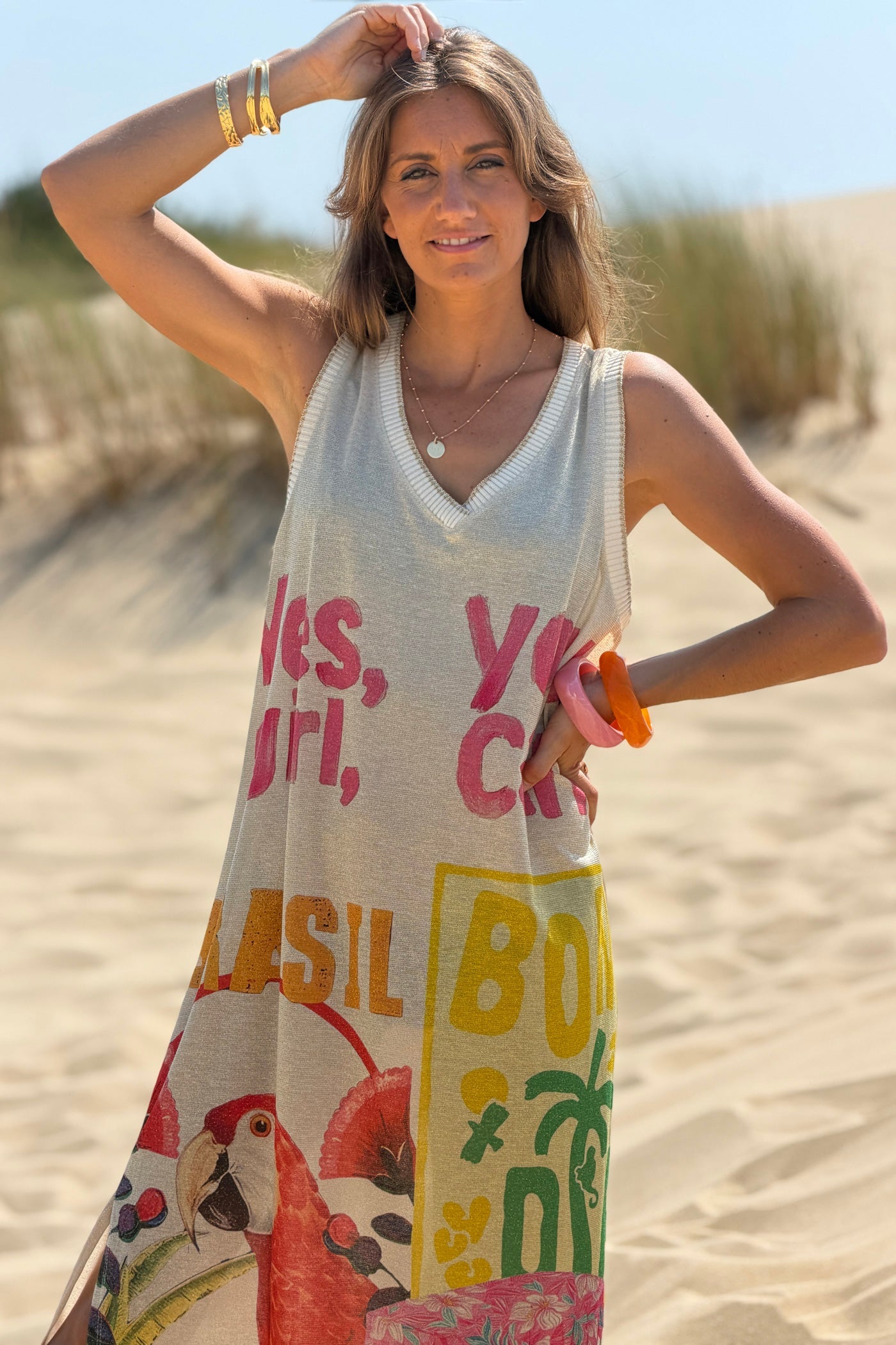 Robe débardeur brillante lurex beige imprimé Brazil bon dia perroquet girl you can