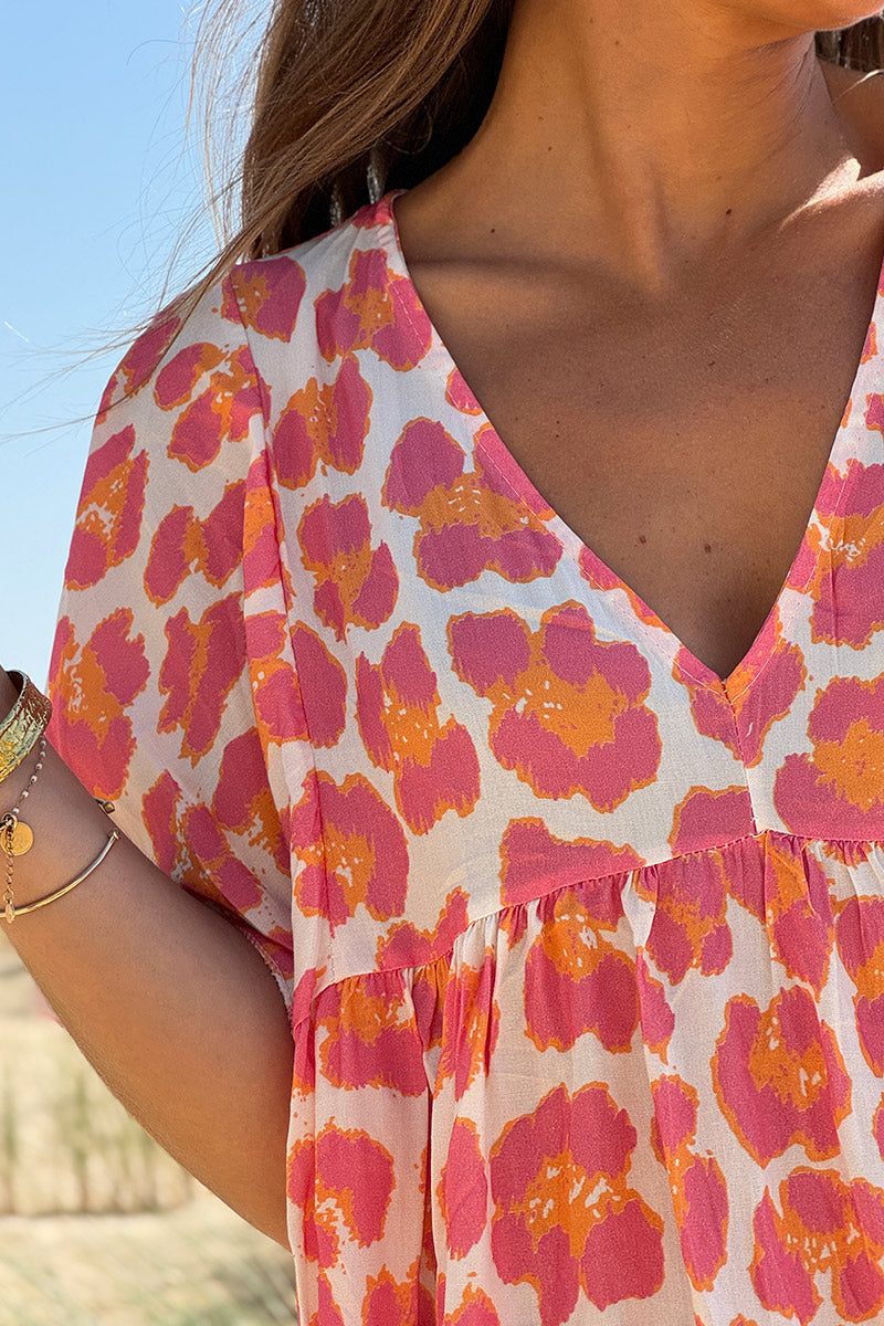 Robe fluide blanche imprimé léopard rose et orange col v manches looses