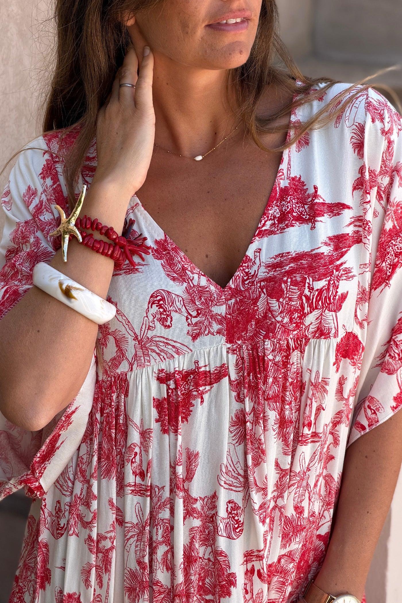 Robe fluide imprimé toile de jouy rouge