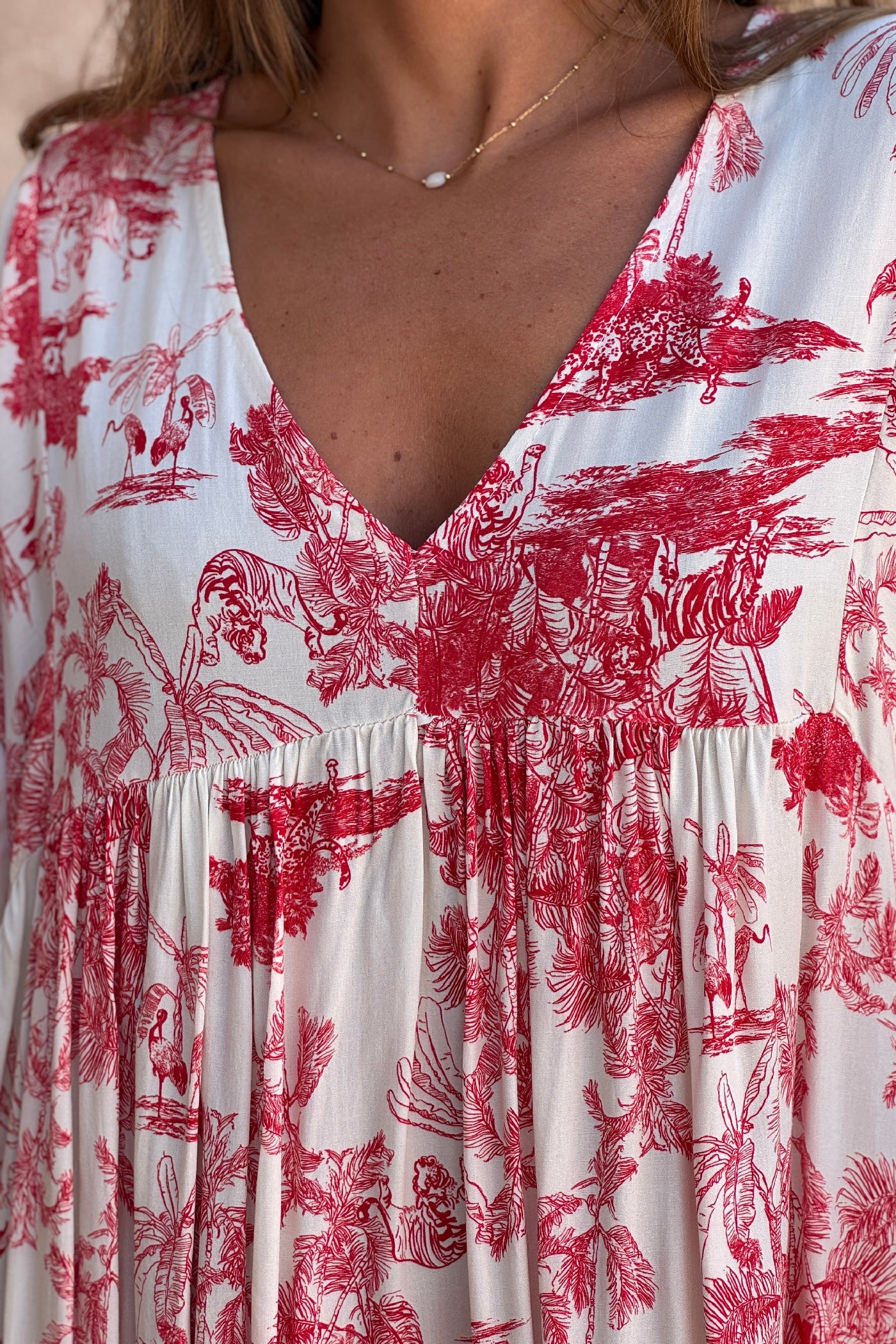 Robe fluide imprimé toile de jouy rouge