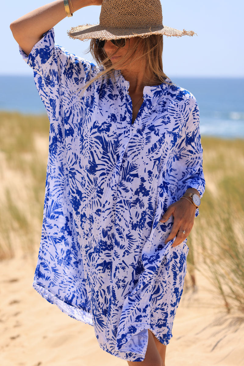 Robe large en coton col v imprimé des iles bleu roi