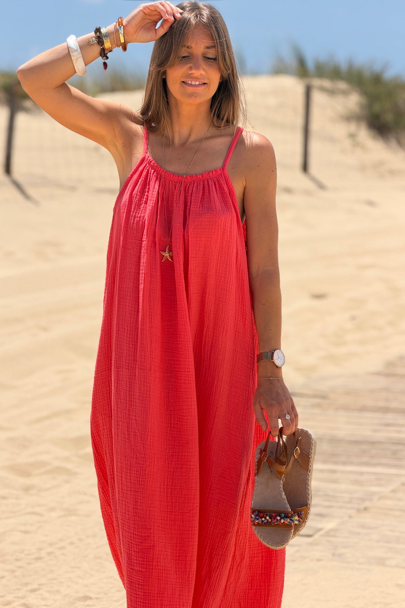 Robe longue corail en gaze de coton à bretelles col élastique