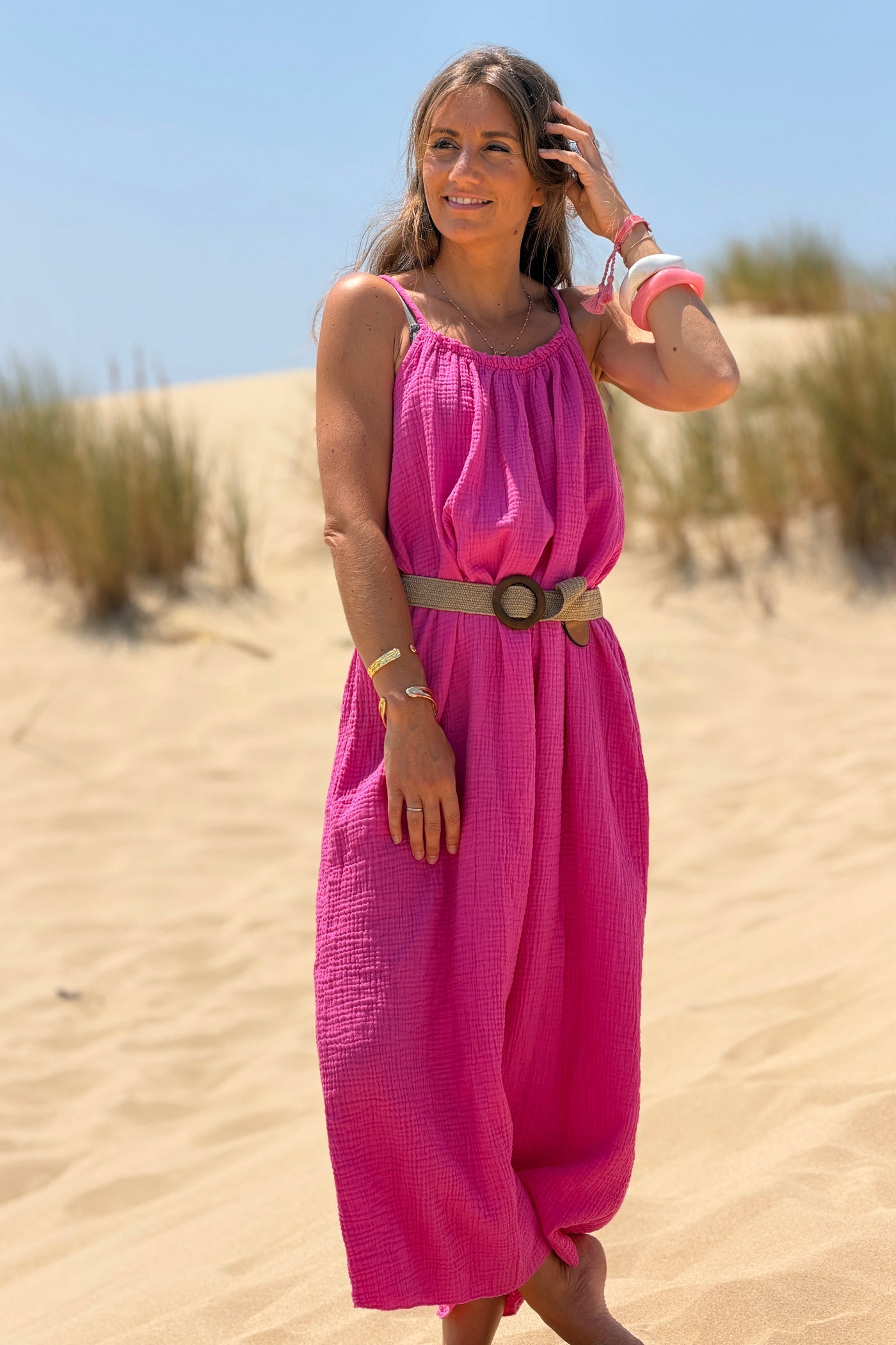 Robe longue fuchsia en gaze de coton à bretelles col élastique