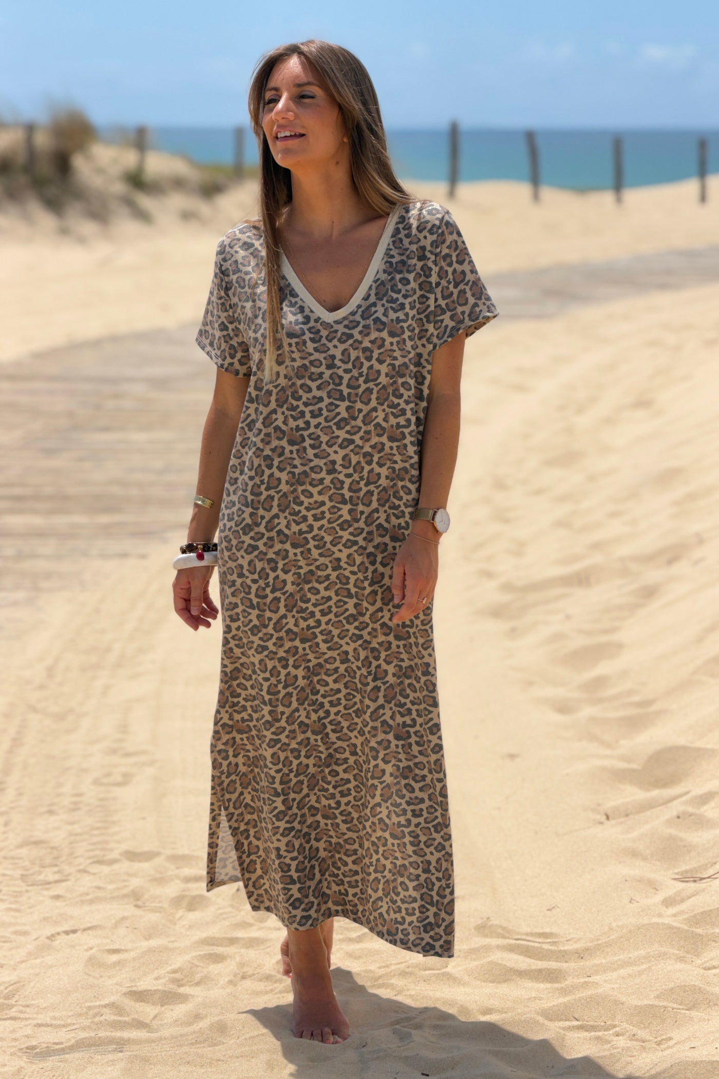 Robe longue manches courtes imprimé léopard brillant lurex