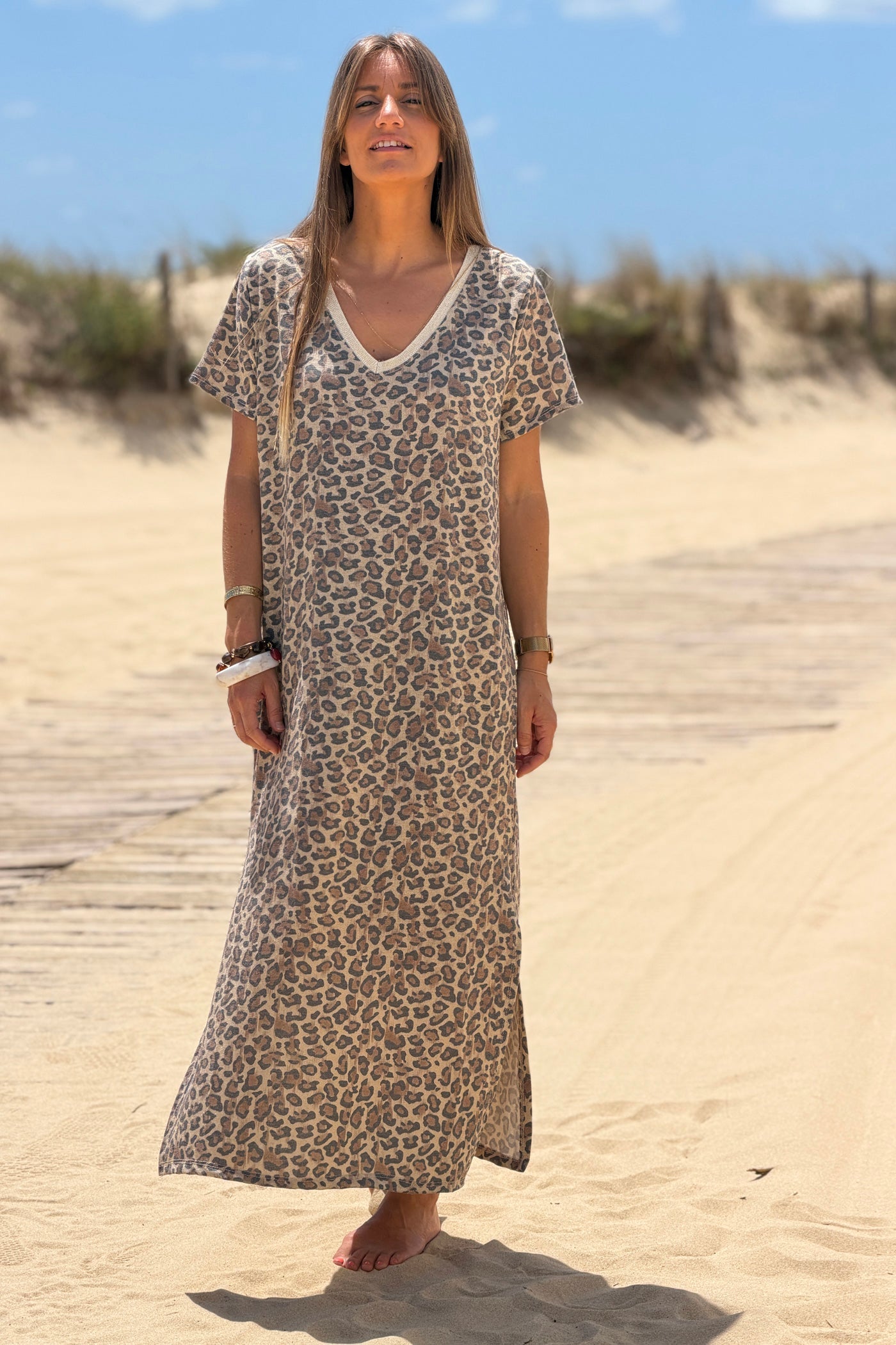 Robe longue manches courtes imprimé léopard brillant lurex