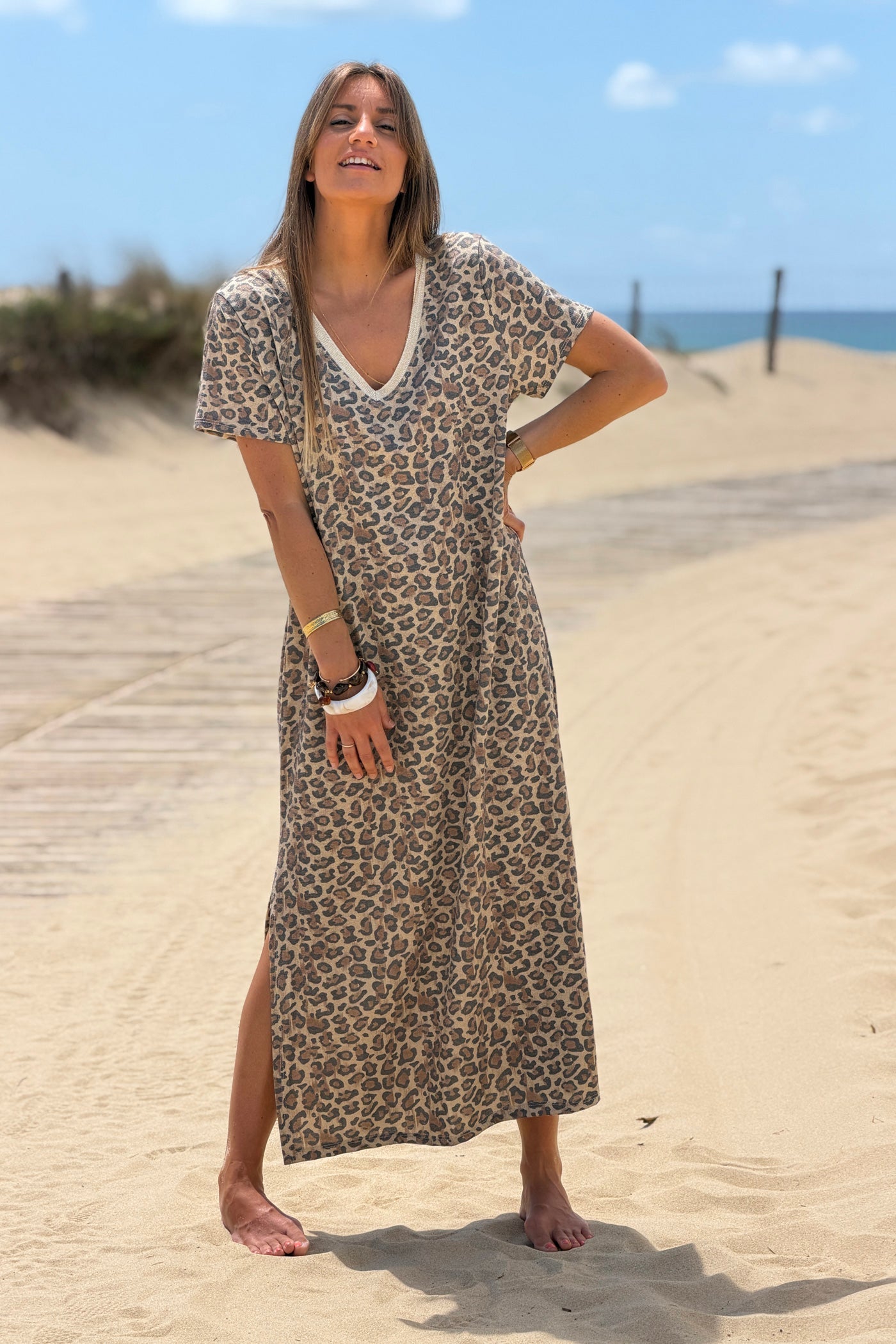 Robe longue manches courtes imprimé léopard brillant lurex