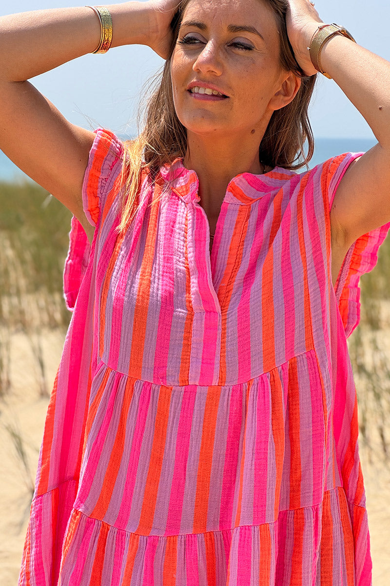 Robe sans manches en gaze de coton rayures rose et orange fluo
