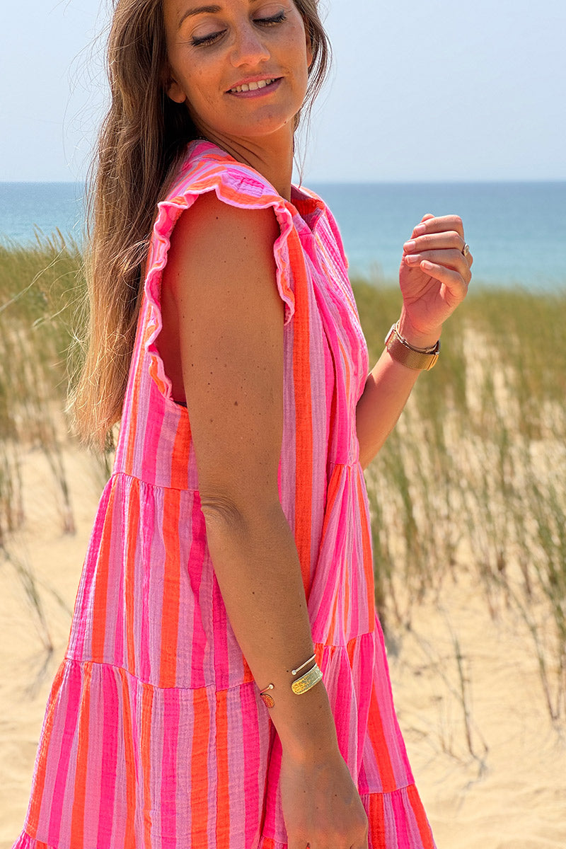 Robe sans manches en gaze de coton rayures rose et orange fluo