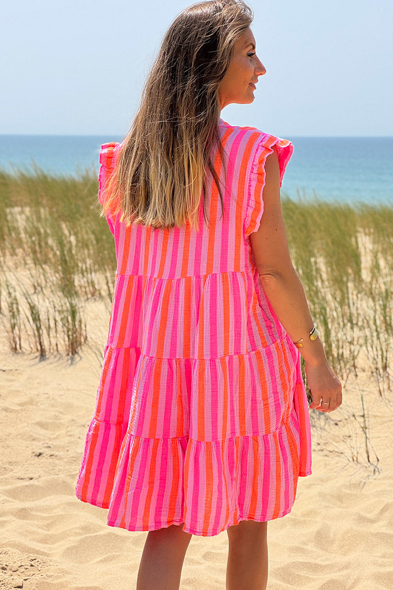 Robe sans manches en gaze de coton rayures rose et orange fluo