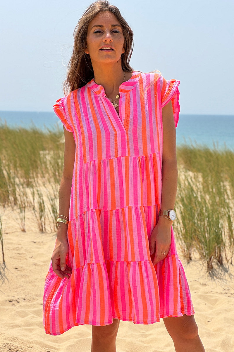Robe sans manches en gaze de coton rayures rose et orange fluo