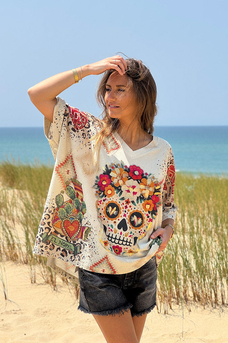 Top large beige brillant imprimé Tête Mexicaine cactus et léopard