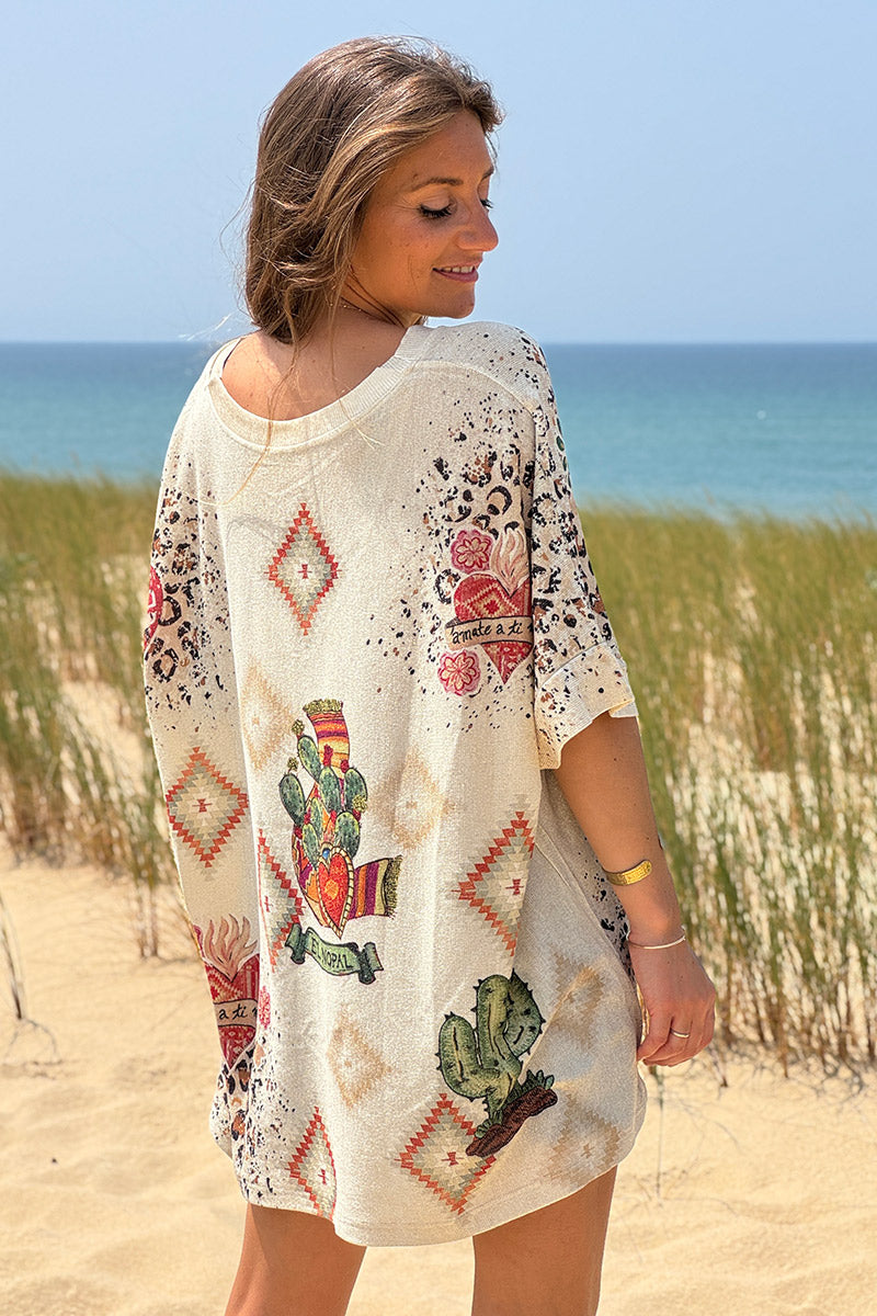Top large beige brillant imprimé Tête Mexicaine cactus et léopard