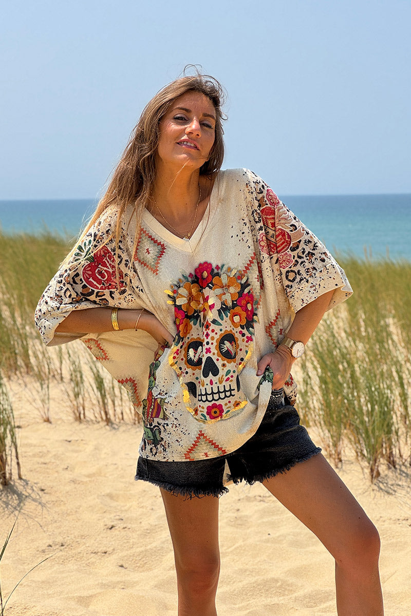 Top large beige brillant imprimé Tête Mexicaine cactus et léopard