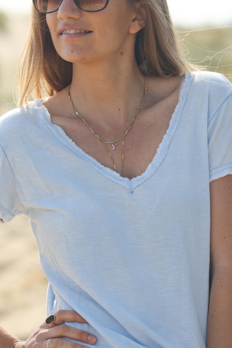 Tshirt coton stretch bleu ciel finitions petites franges